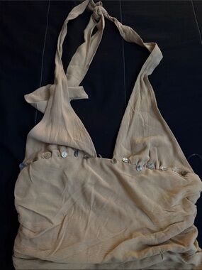 PacSun Beige Ruched Halter Top with Tie Neck